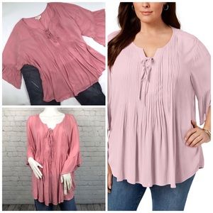 Style & Co Pink Bell Sleeve Boho Top Plus Sz PM 1X